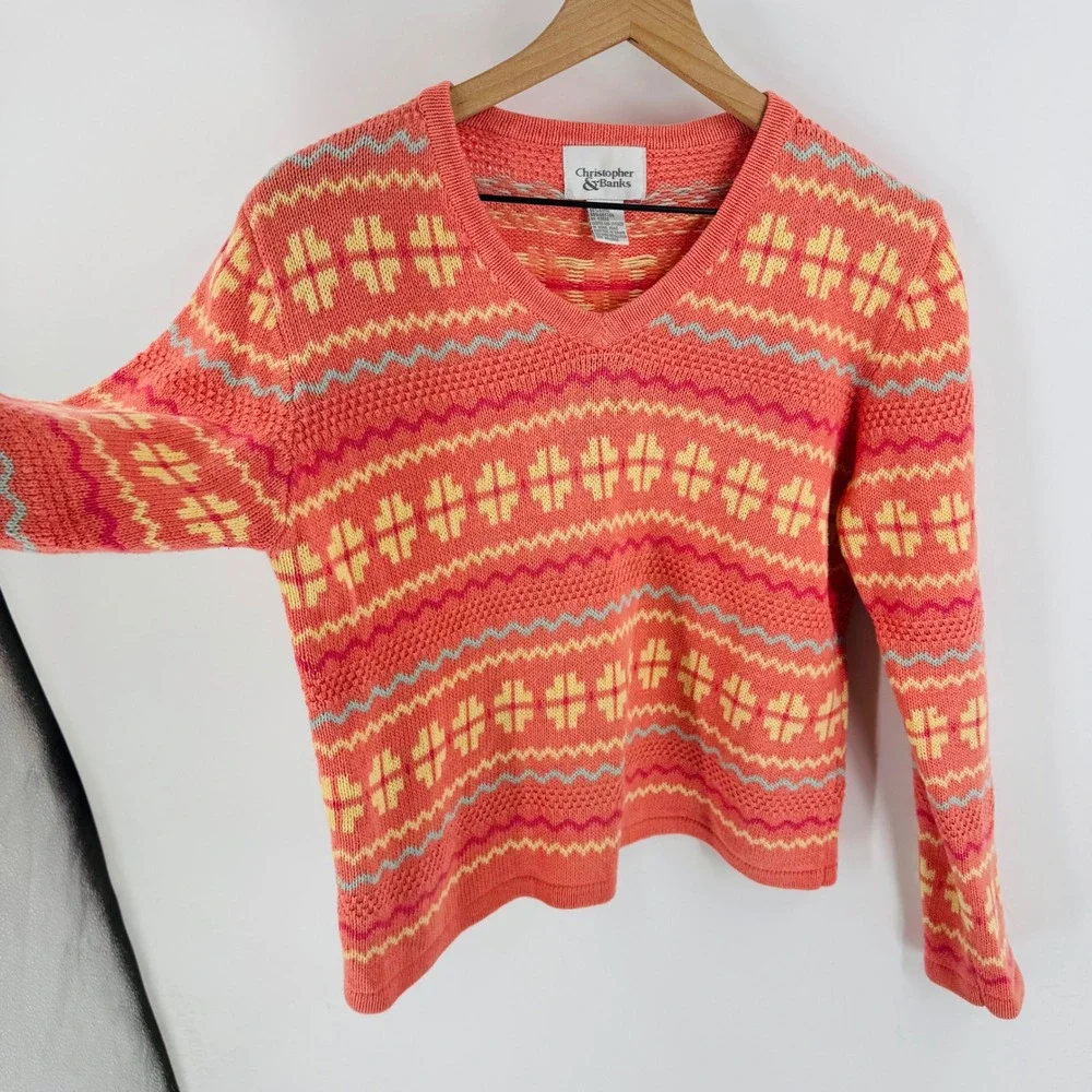 Vintage Coral Pink Geometric V-Neck Sweater Size‎ S Preppy Spring